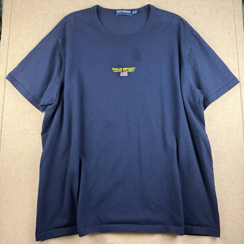 Vintage‎ Polo Sport Ralph Lauren Men 3XB Navy T-Shirt USA Flag Logo Cotton Tee